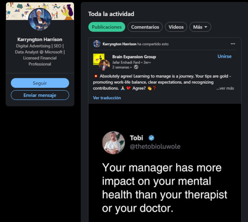 Ejemplo de publicación en LinkedIn de Karryngton Harrison