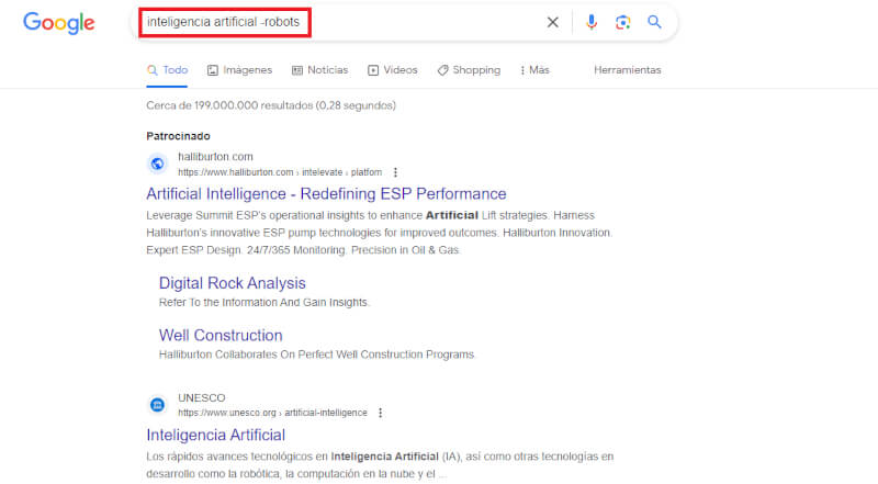 búsqueda avanzada de google con signo (-)