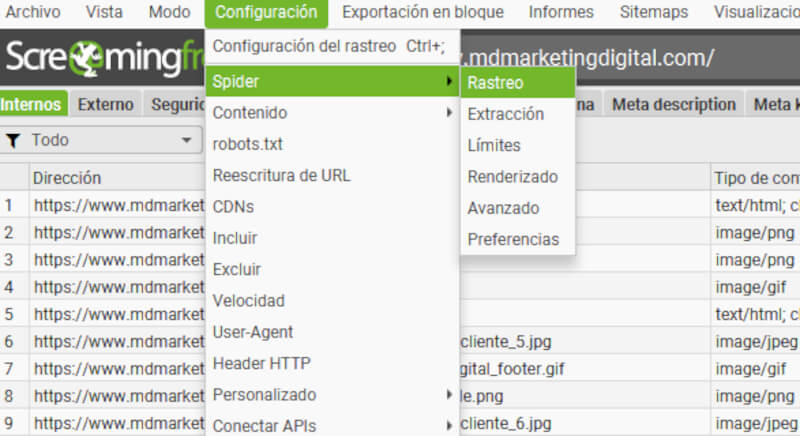 screenshot de 
configurar screaming frog para JavaScript