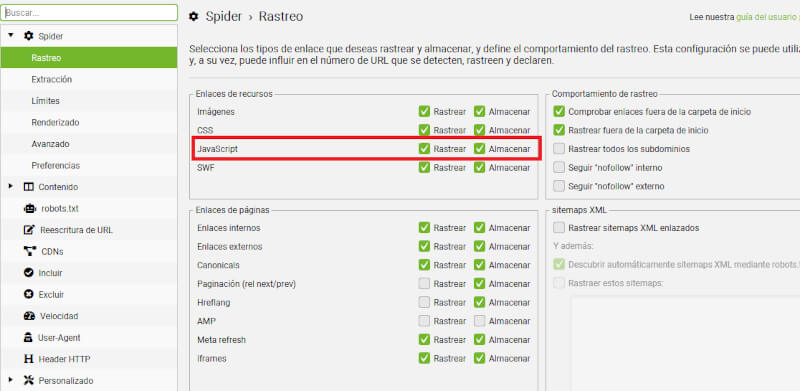 screenshot de configurar seo spider screaming frog para renderizar java