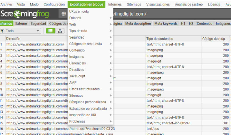screenshot de exportar bloque de datos con screaming frog