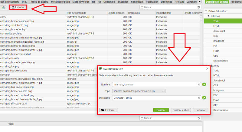 screenshot de exportar datos desde screaming frog