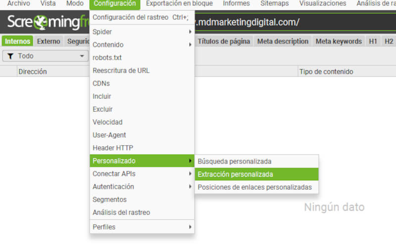 screenshot de extracción de datos con SEO Spider Screaming Frog