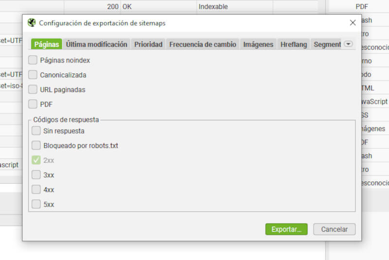 screenshot de generar sitemaps con screaming frog