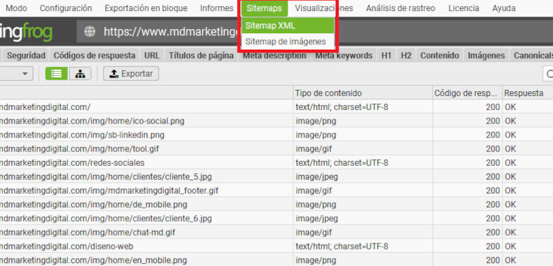 screenshot de generar sitemaps con screaming frog