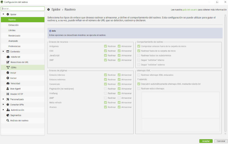 screenshot del menú de configuración de Screaming Frog SEO Spider