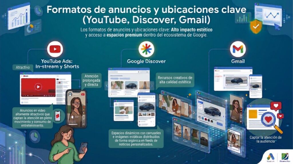 Formatos de anuncios y ubicaciones clave (YouTube, Discover, Gmail) 